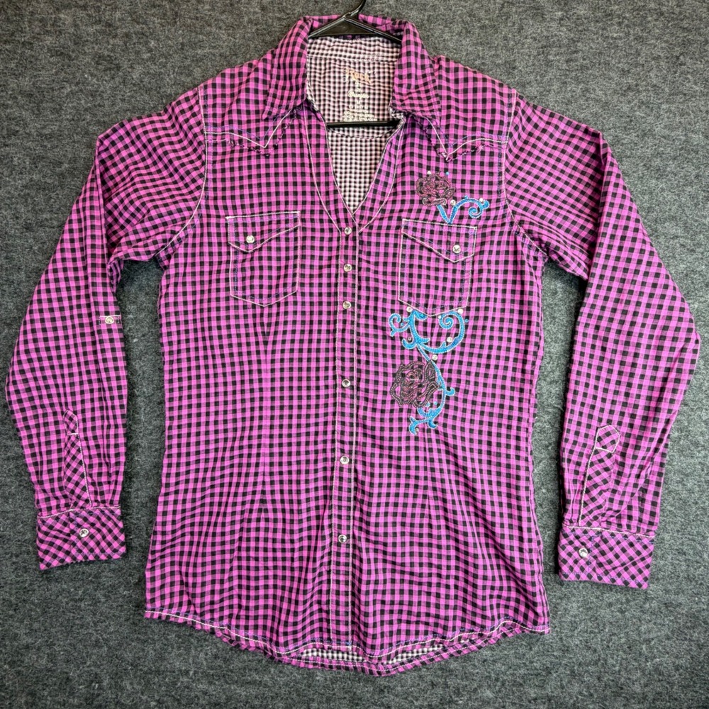 Rock 47 by Wrangler Western Snap Shirt Womens Medium Pink Gingham Embroidery